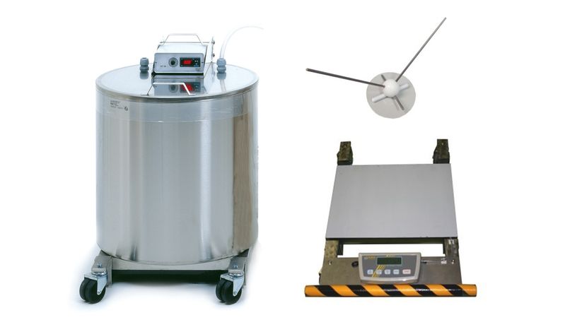 Heated extender vat, 100 l, with scale, stirrer, on rolls