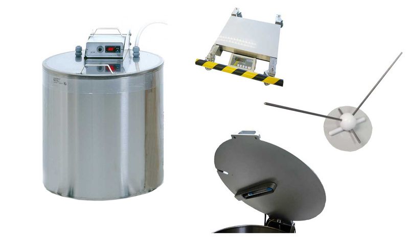 Heated extender vat, 200 l, with scale, stirrer, UV lamp, heated lid