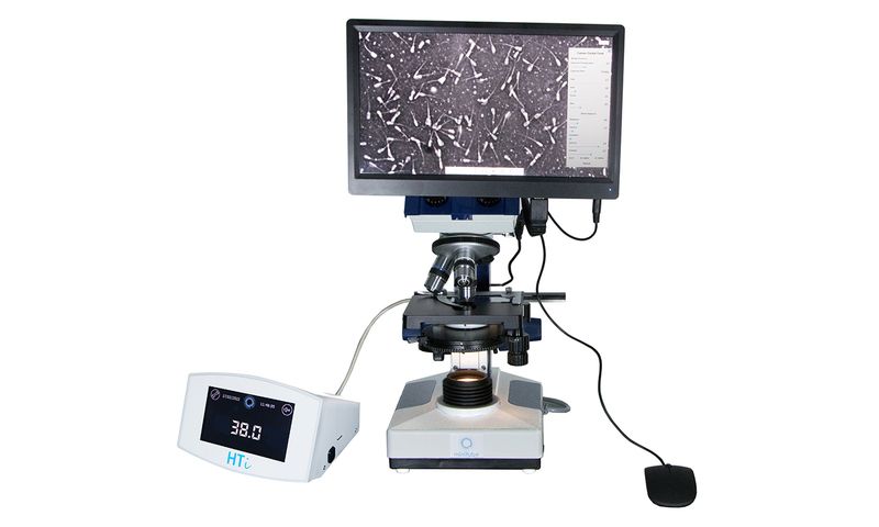 Phase contrast microscope MBL 2000, with camera and monitor, heated stage, HTi